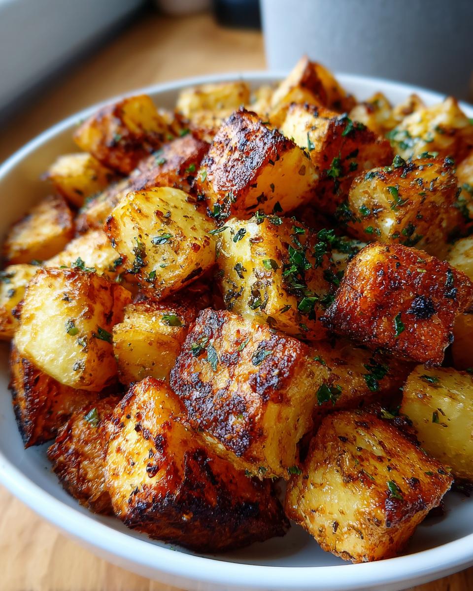 Close-up of golden brown Crispy Roasted Potatoes with Baked Feta, seasoned with herbs in a white bowl.