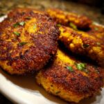 Close-up of golden brown Crispy Sweet Potato Lentil Patties on a white plate, garnished with fresh herbs.