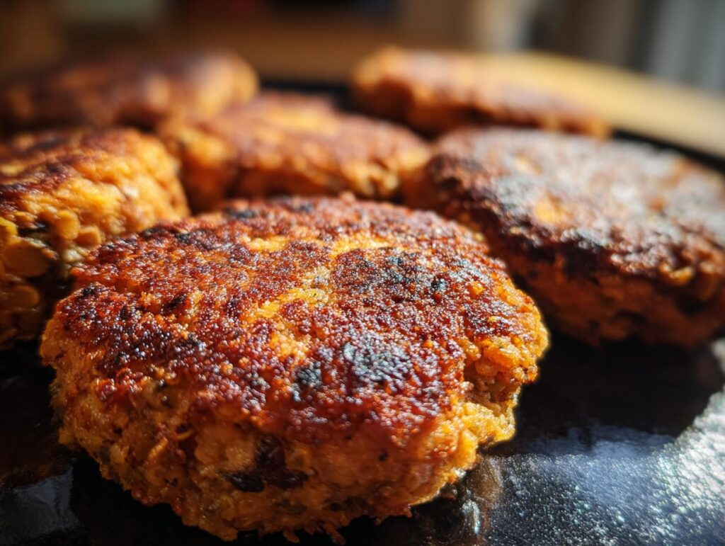 Close-up of several Crispy Sweet Potato Lentil Patties cooking on a dark pan, showing their texture.