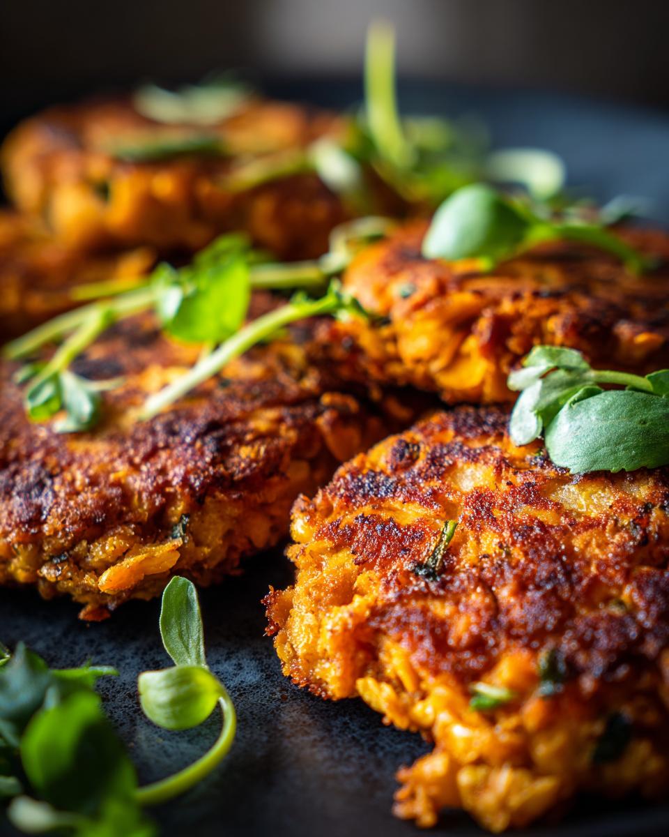 Close-up of Crispy Sweet Potato Lentil Patties garnished with fresh greens on a dark plate.