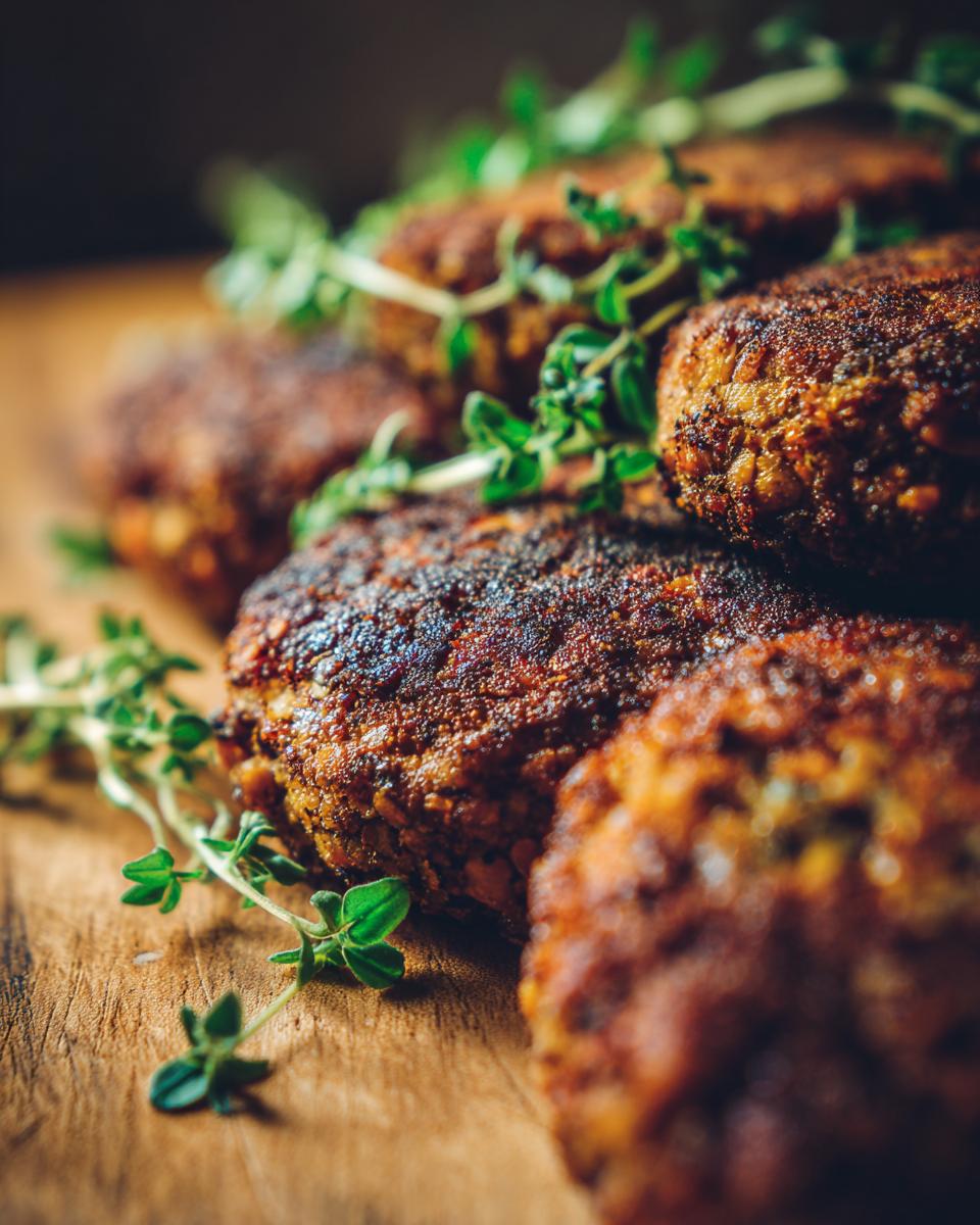 A stack of golden brown Crispy Sweet Potato Lentil Patties garnished with fresh thyme on a wooden board.
