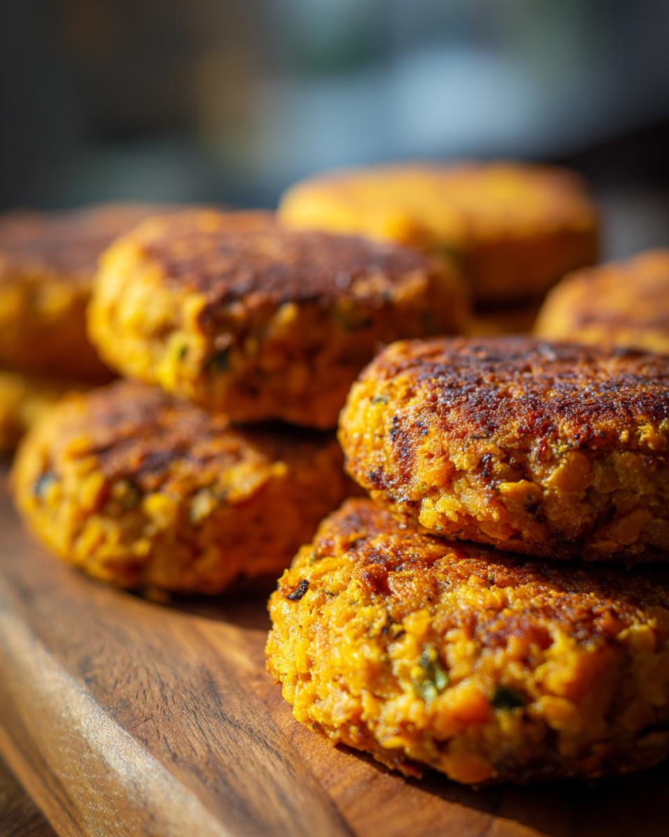 A stack of golden-brown Crispy Sweet Potato Lentil Patties on a wooden board.