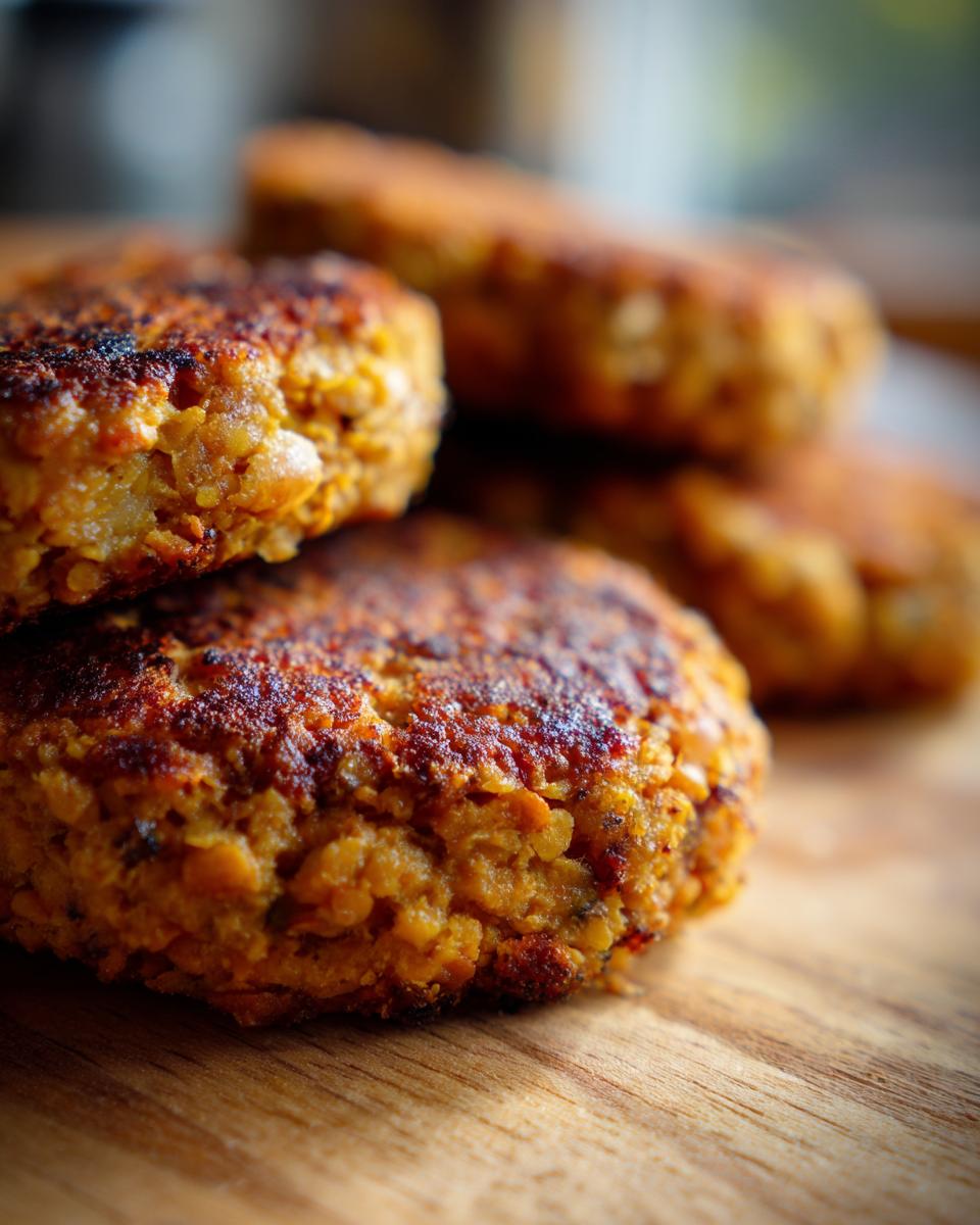 A stack of golden brown Crispy Sweet Potato Lentil Patties on a wooden board.
