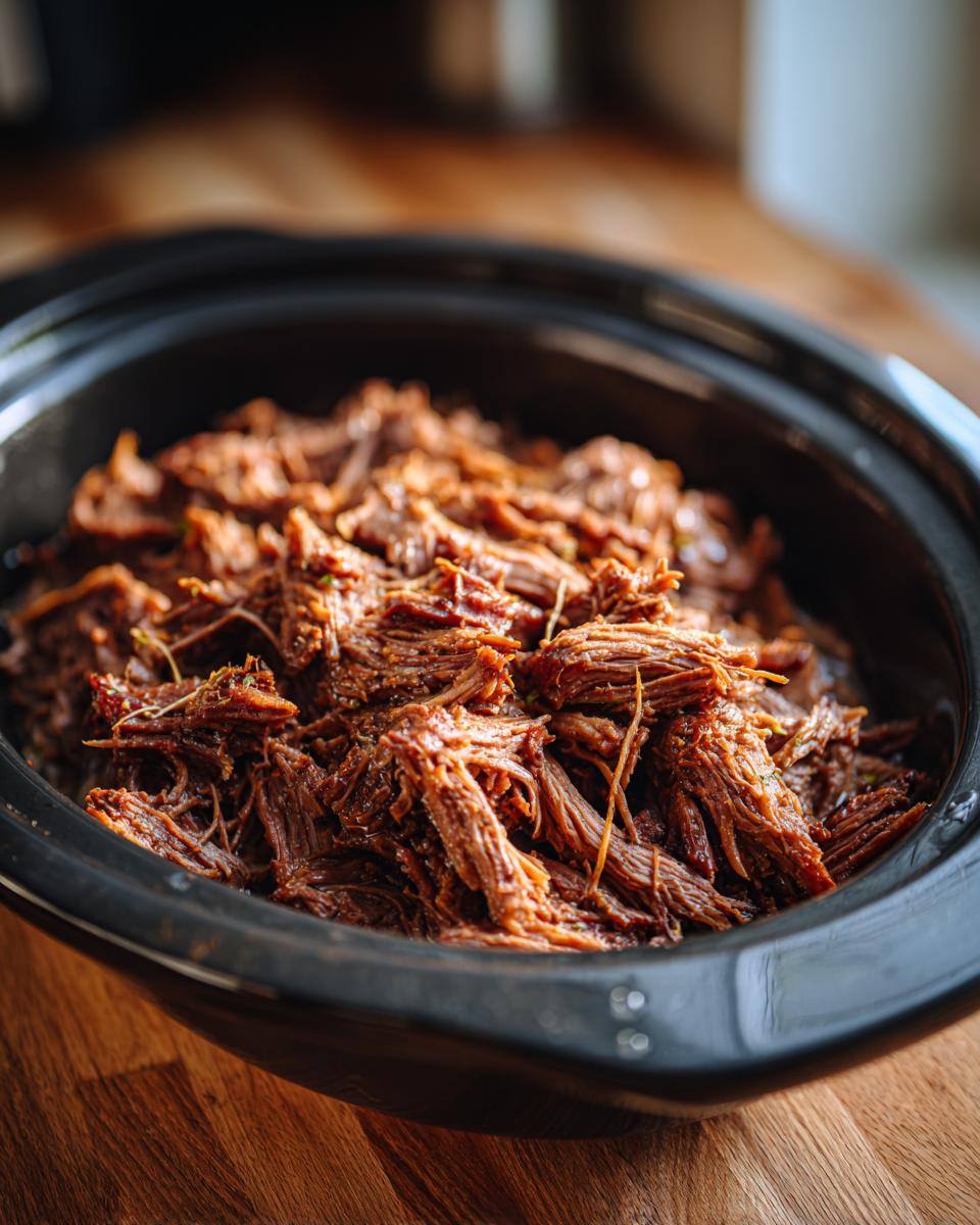 Close-up of tender Crockpot Garlic Butter Beef, shredded and ready to serve from the slow cooker.