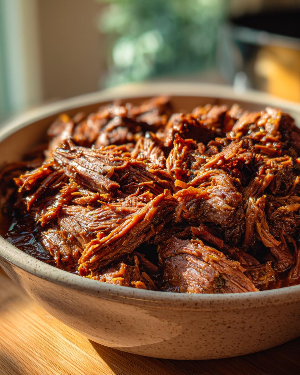 Close-up of tender, shredded Crockpot Garlic Butter Beef in a serving bowl.