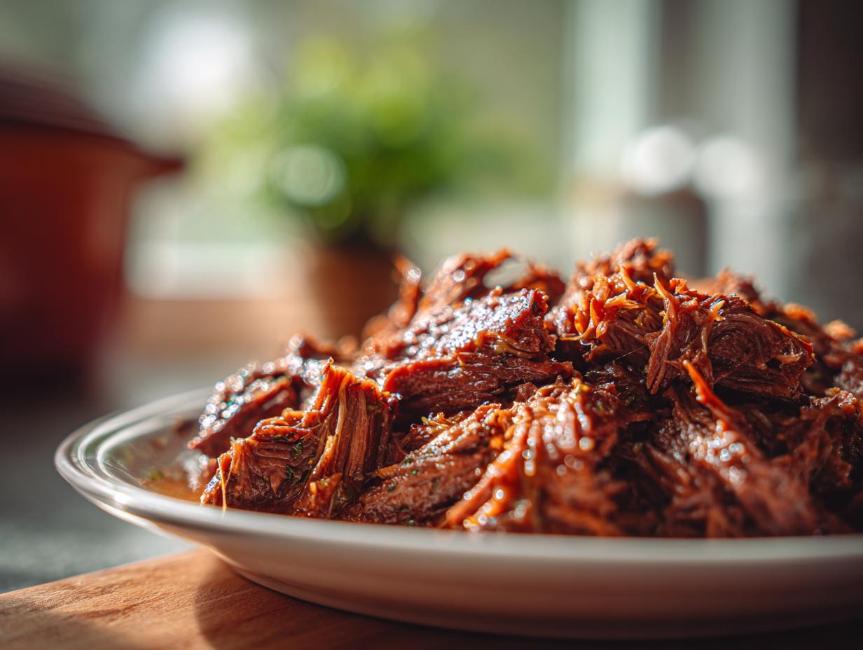 Close-up of tender Crockpot Garlic Butter Beef served on a white plate, ready to eat.
