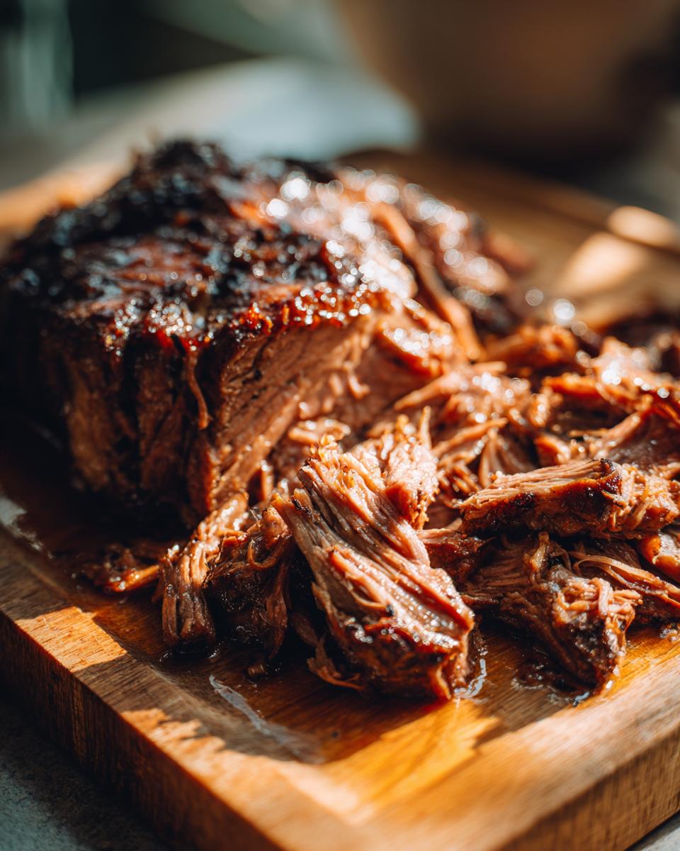 Close-up of tender Crockpot Garlic Butter Beef roast, sliced and ready to serve on a wooden board.