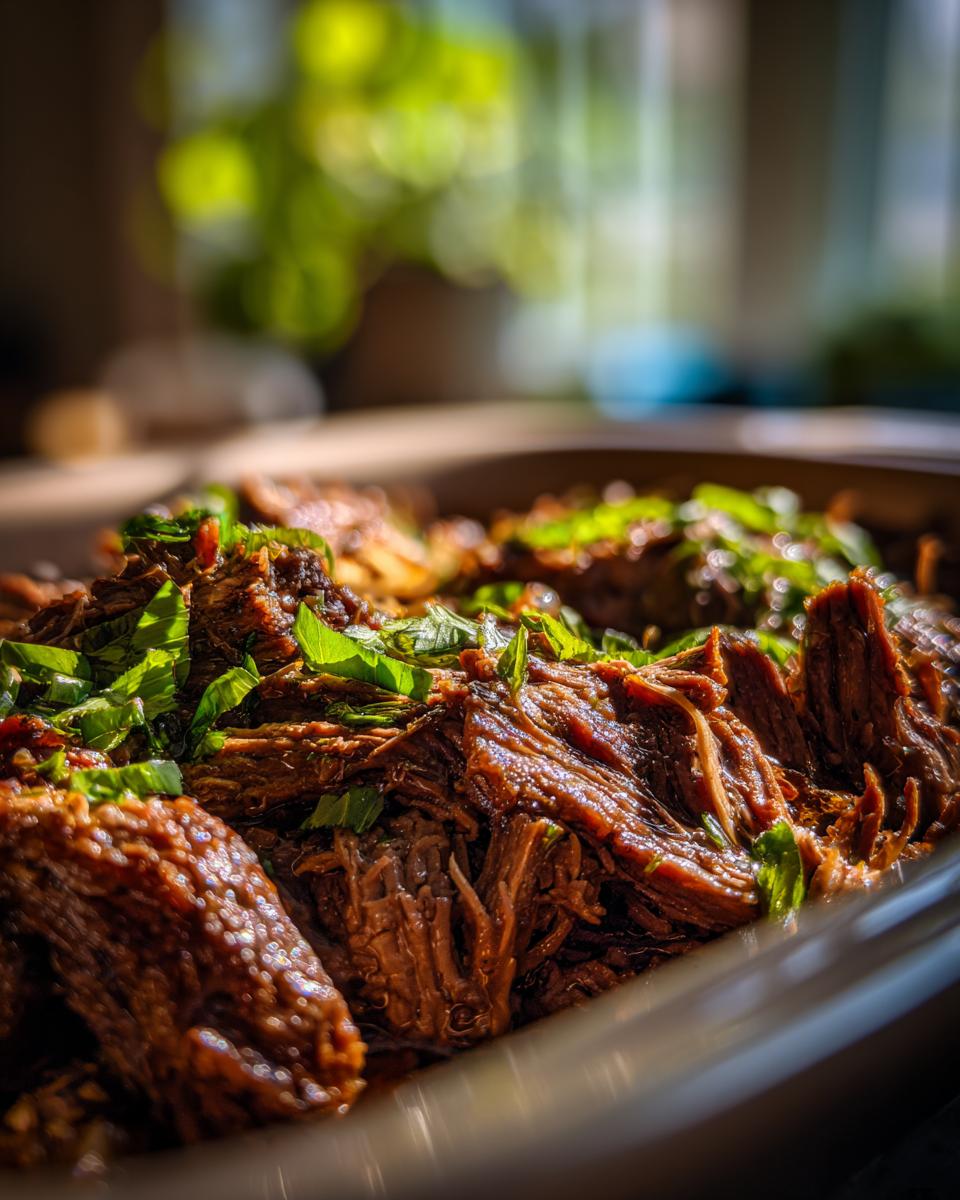 Close-up of tender Crockpot Garlic Butter Beef, garnished with fresh herbs.