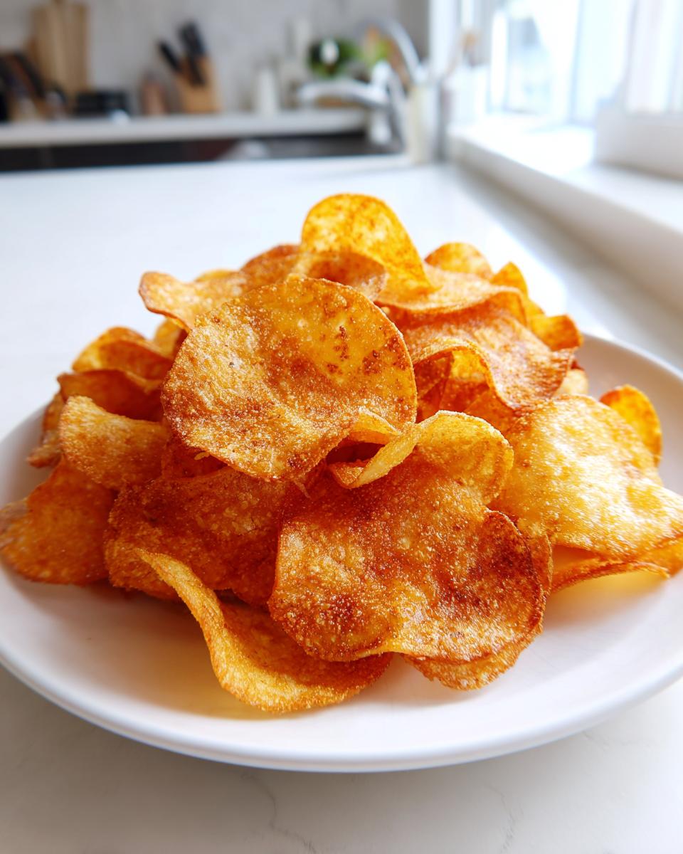 A plate piled high with golden brown, homemade Crunchy Cottage Cheese Chips.