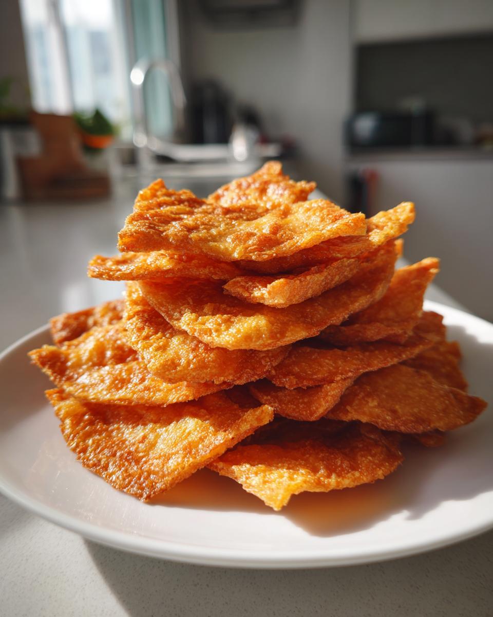 A stack of golden brown Crunchy Cottage Cheese Chips on a white plate, ready to eat.