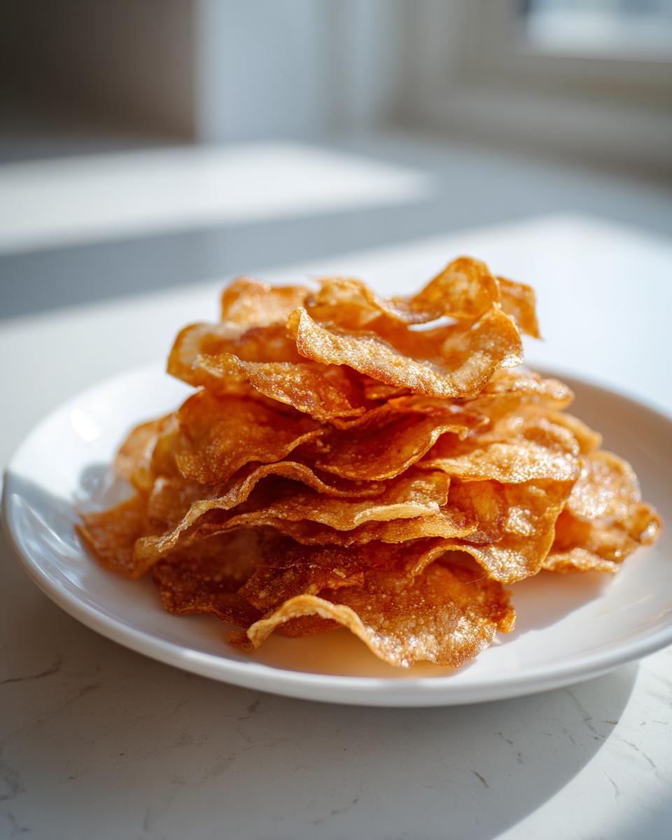 A stack of golden brown Crunchy Cottage Cheese Chips on a white plate, ready to eat.