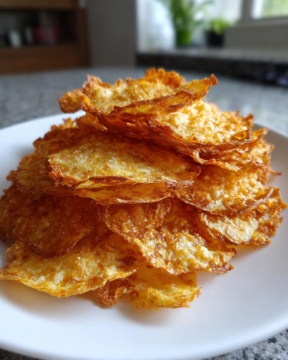 A stack of golden brown Crunchy Cottage Cheese Chips on a white plate, showing their crispy texture.