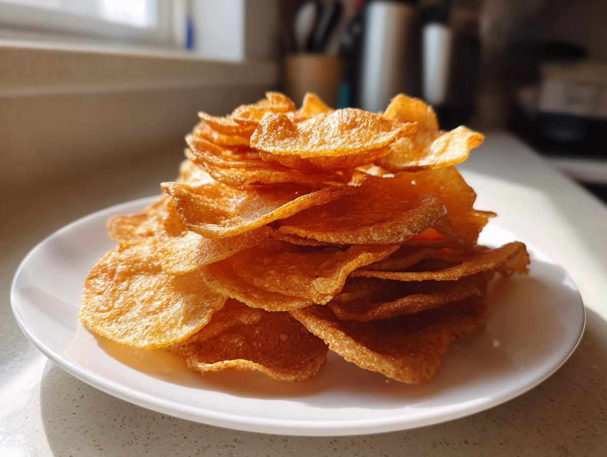A stack of golden Crunchy Cottage Cheese Chips on a white plate, showcasing their crispy texture.