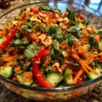 A vibrant bowl of Crunchy Thai Quinoa Salad with quinoa, vegetables, peanuts, and cilantro.