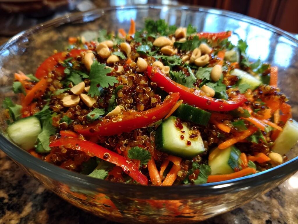 A vibrant Crunchy Thai Quinoa Salad in a glass bowl, featuring quinoa, vegetables, peanuts, and cilantro.