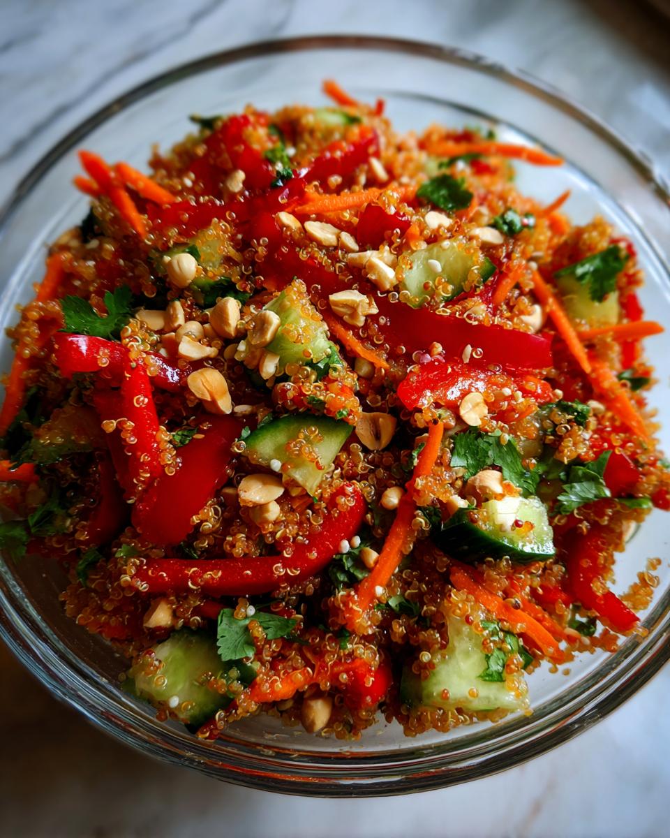 A vibrant Crunchy Thai Quinoa Salad in a glass bowl, featuring quinoa, red bell peppers, cucumbers, carrots, and chopped peanuts.