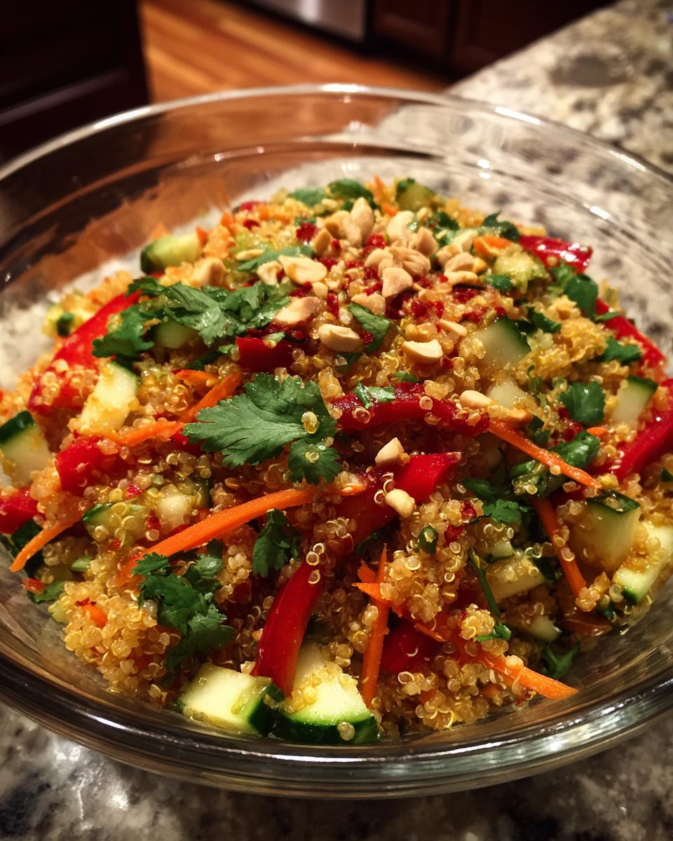 A vibrant bowl of Crunchy Thai Quinoa Salad with quinoa, vegetables, herbs, and peanut topping.