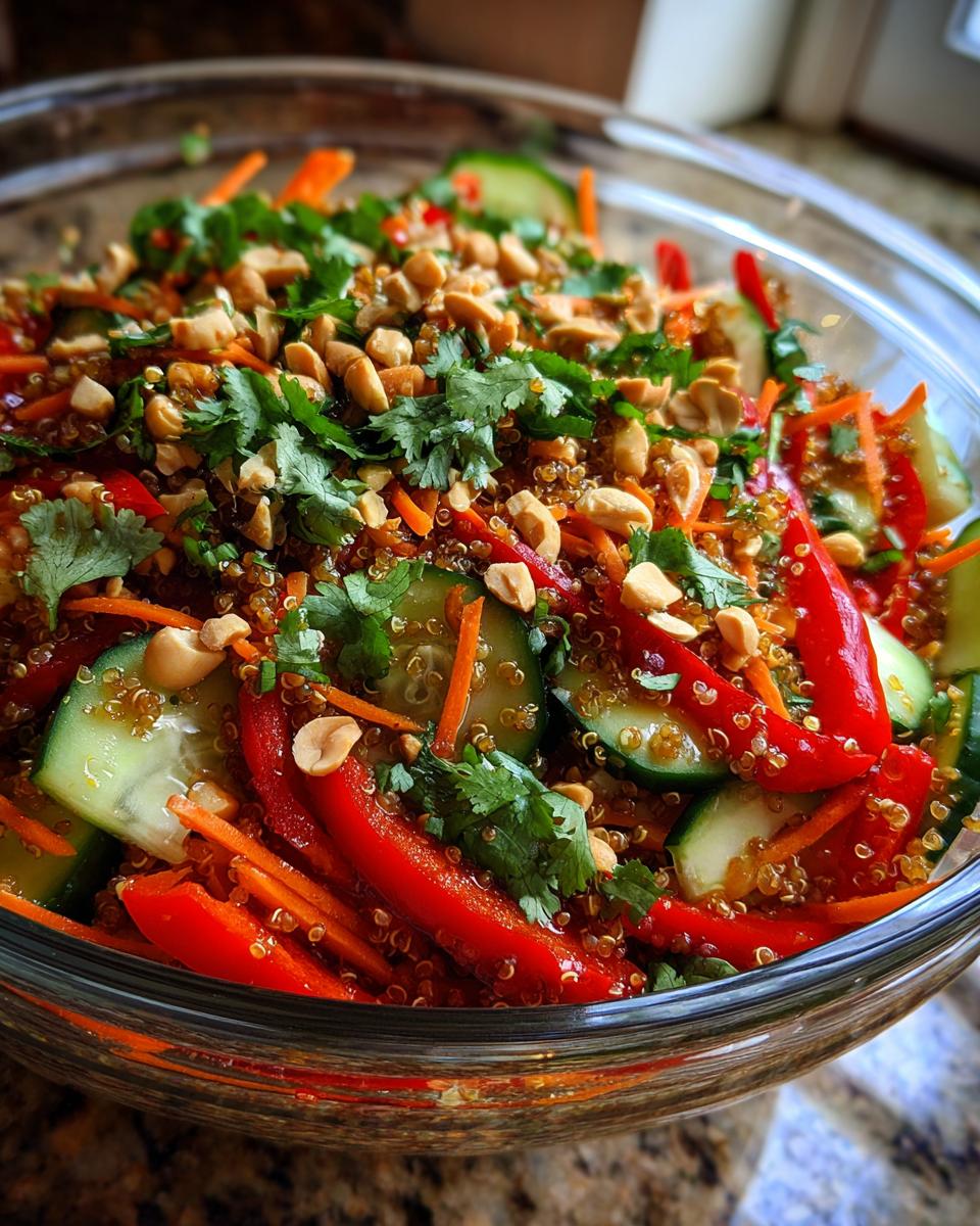 A vibrant bowl of Crunchy Thai Quinoa Salad with quinoa, vegetables, peanuts, and cilantro.