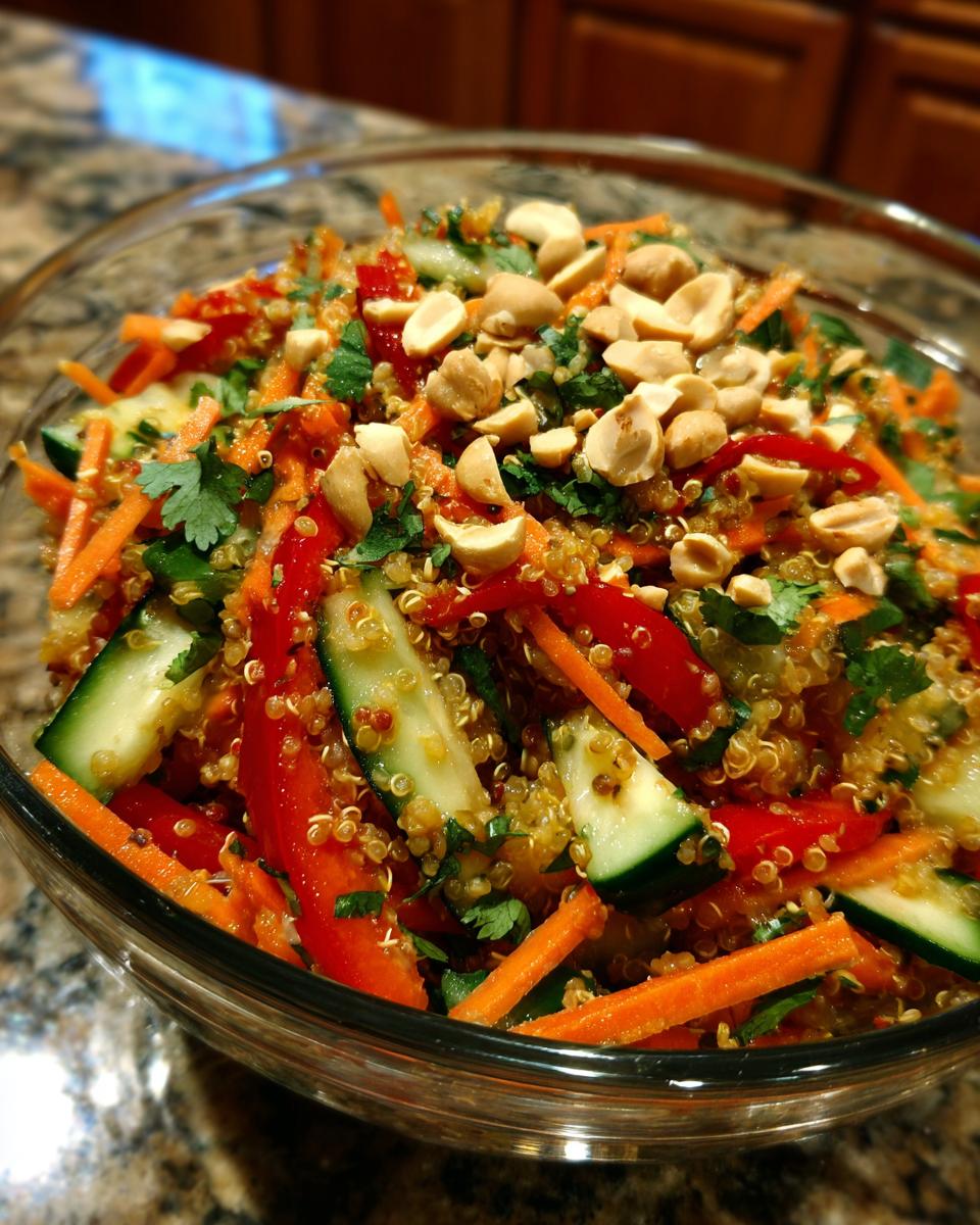 A vibrant Crunchy Thai Quinoa Salad in a glass bowl, topped with peanuts, cilantro, carrots, cucumbers, and red bell peppers.