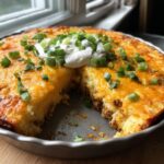 A freshly baked Crustless Taco Pie topped with sour cream and green onions, with a slice removed.