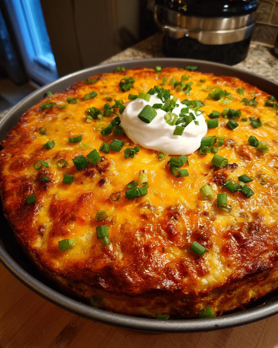 A freshly baked Crustless Taco Pie topped with sour cream and chopped green onions, ready to serve.