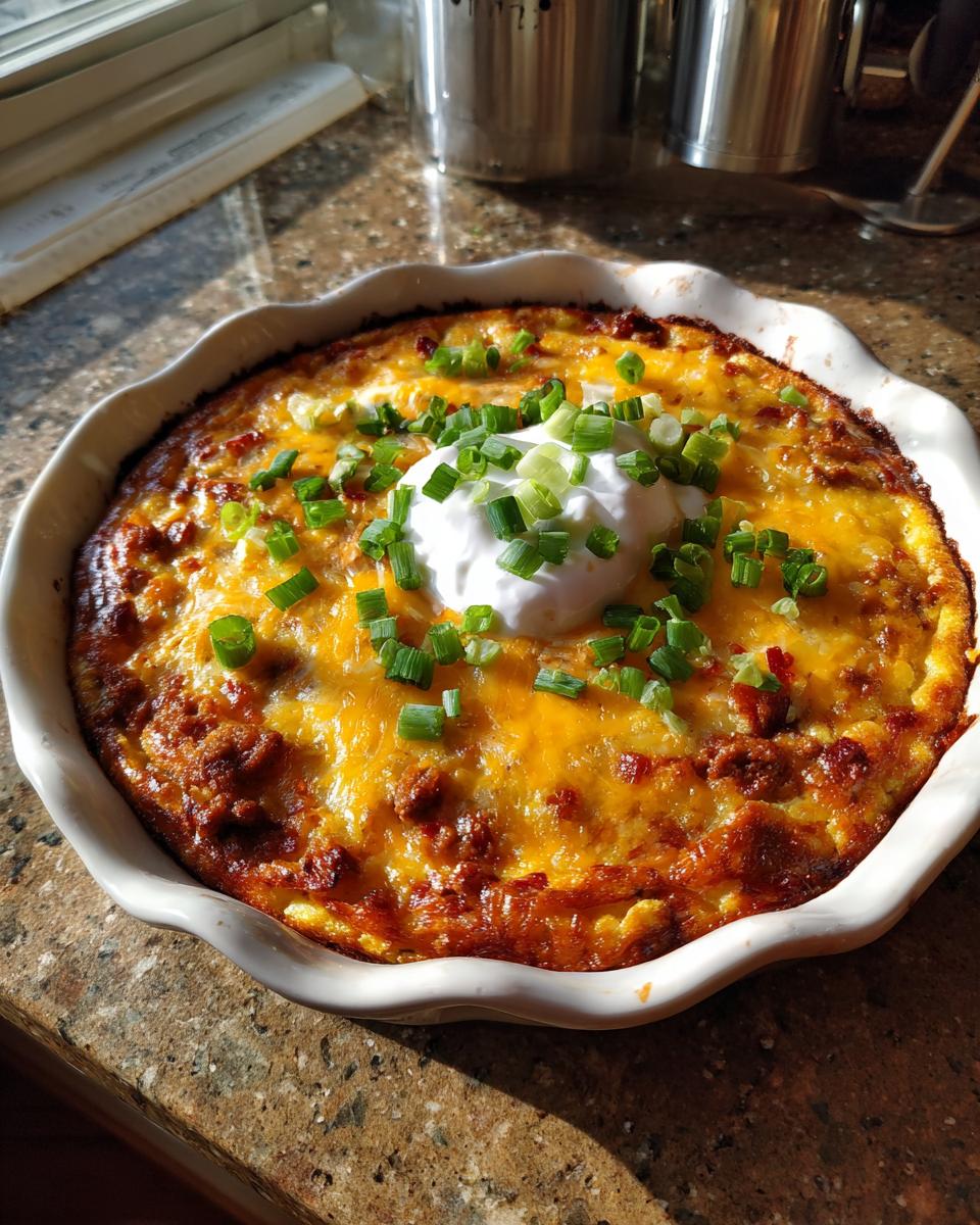 A freshly baked Crustless Taco Pie topped with sour cream and green onions in a white pie dish.