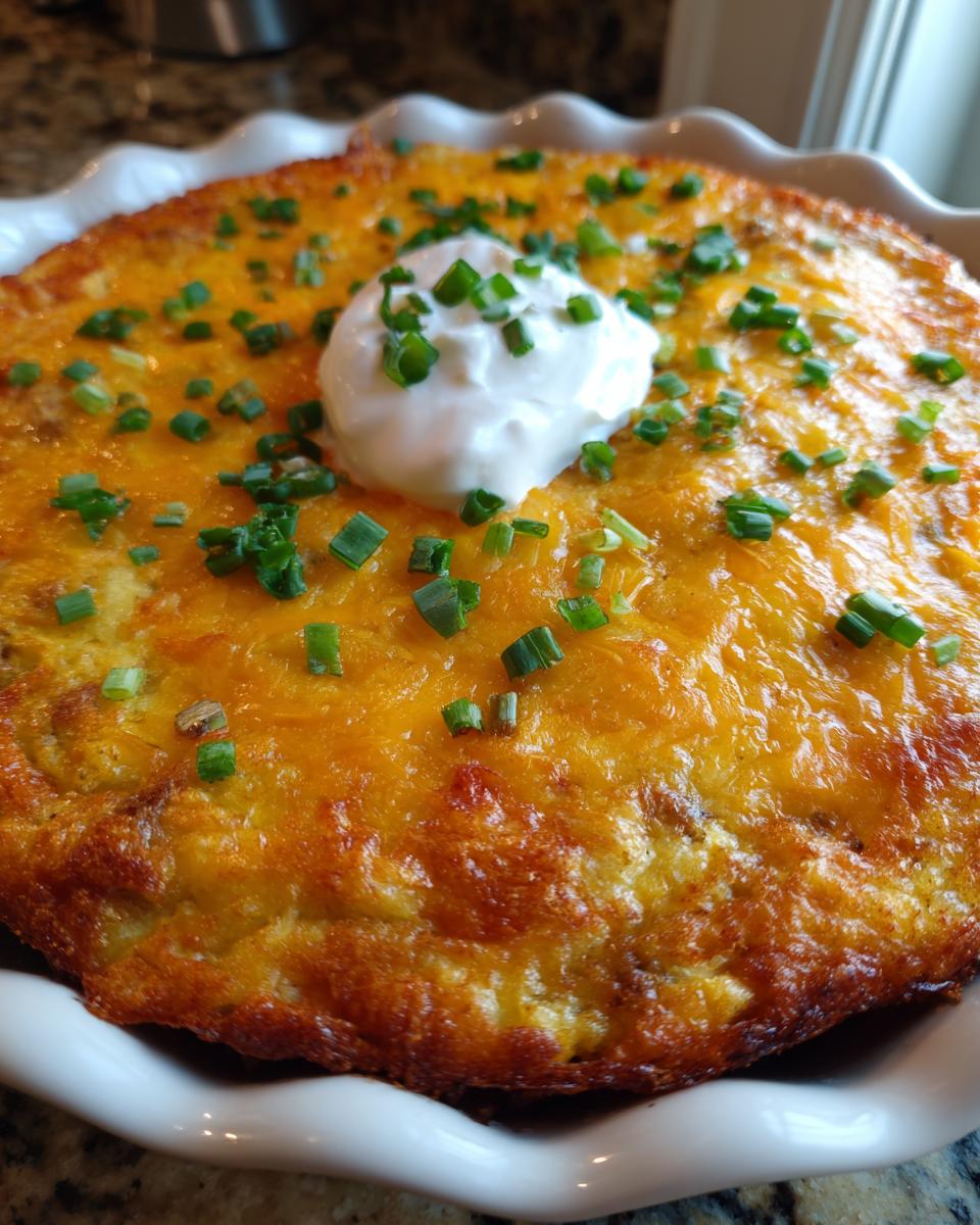 Overhead shot of a Crustless Taco Pie topped with melted cheese, sour cream, and chopped chives.