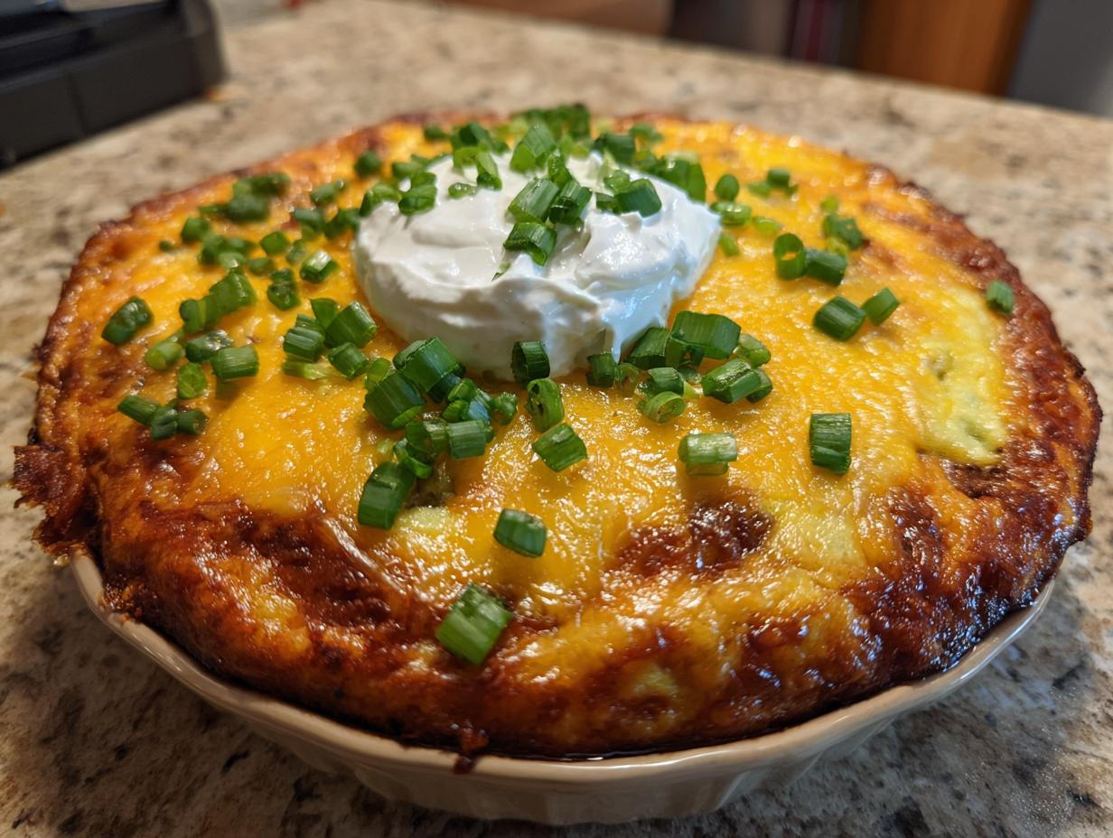 A freshly baked Crustless Taco Pie topped with sour cream and chopped green onions, ready to serve.