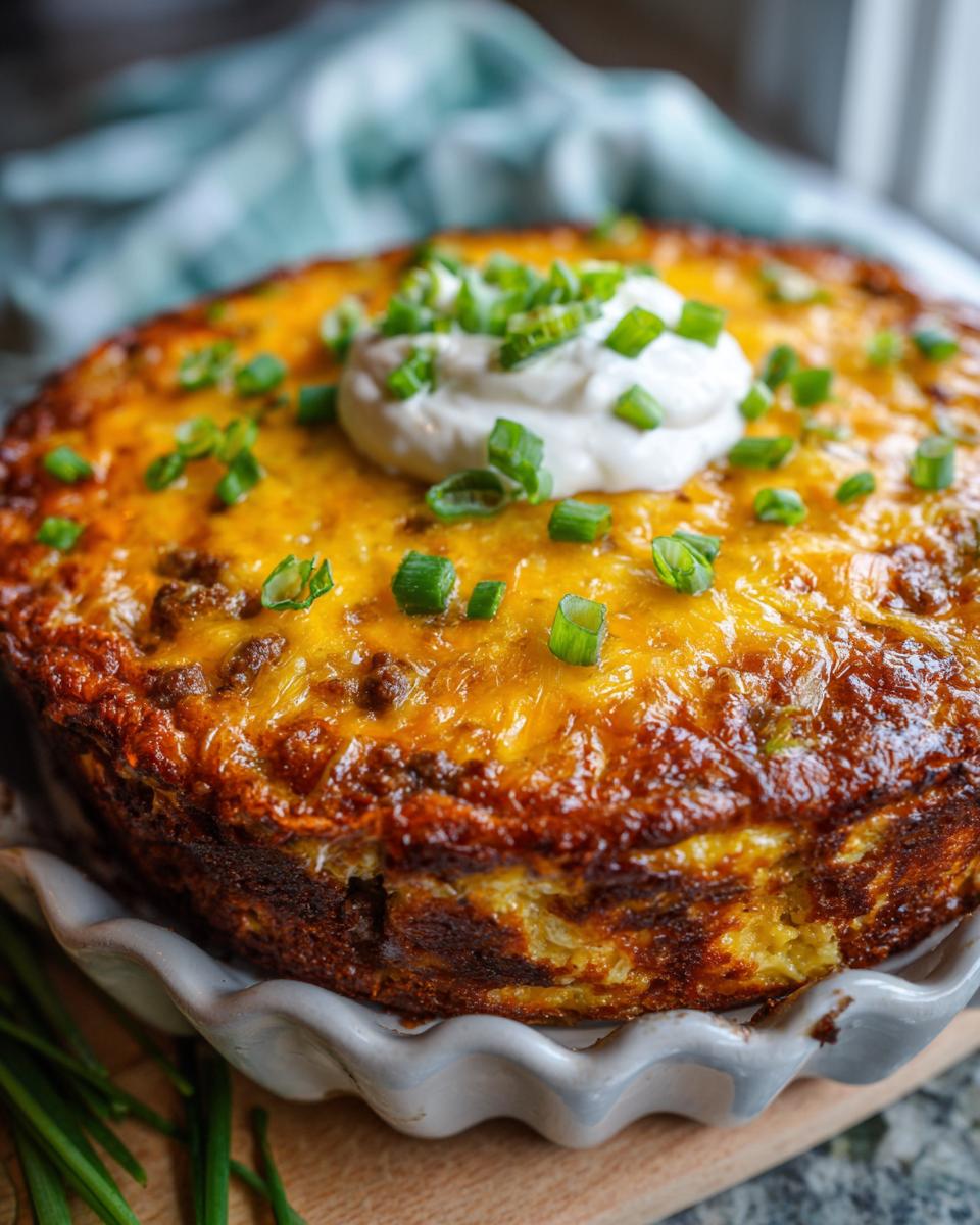 A freshly baked Crustless Taco Pie topped with sour cream and chopped green onions in a pie dish.
