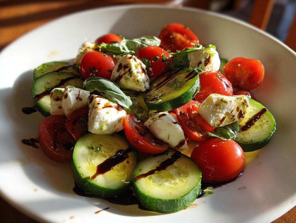 A vibrant Cucumber Caprese Salad featuring cucumber slices, tomatoes, mozzarella, basil, and balsamic glaze.