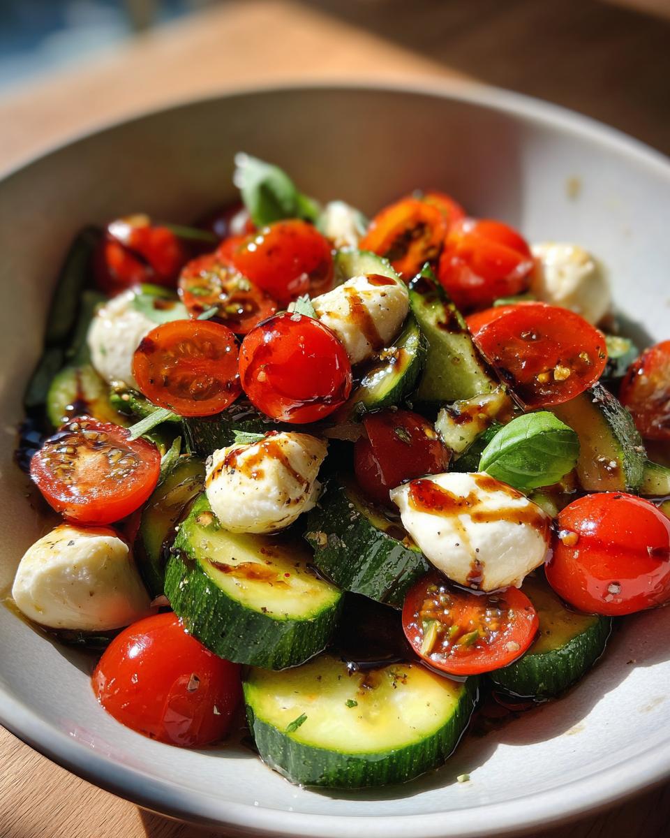 Close-up of a Cucumber Caprese Salad in a bowl, featuring cucumbers, tomatoes, mozzarella, basil, and balsamic glaze.