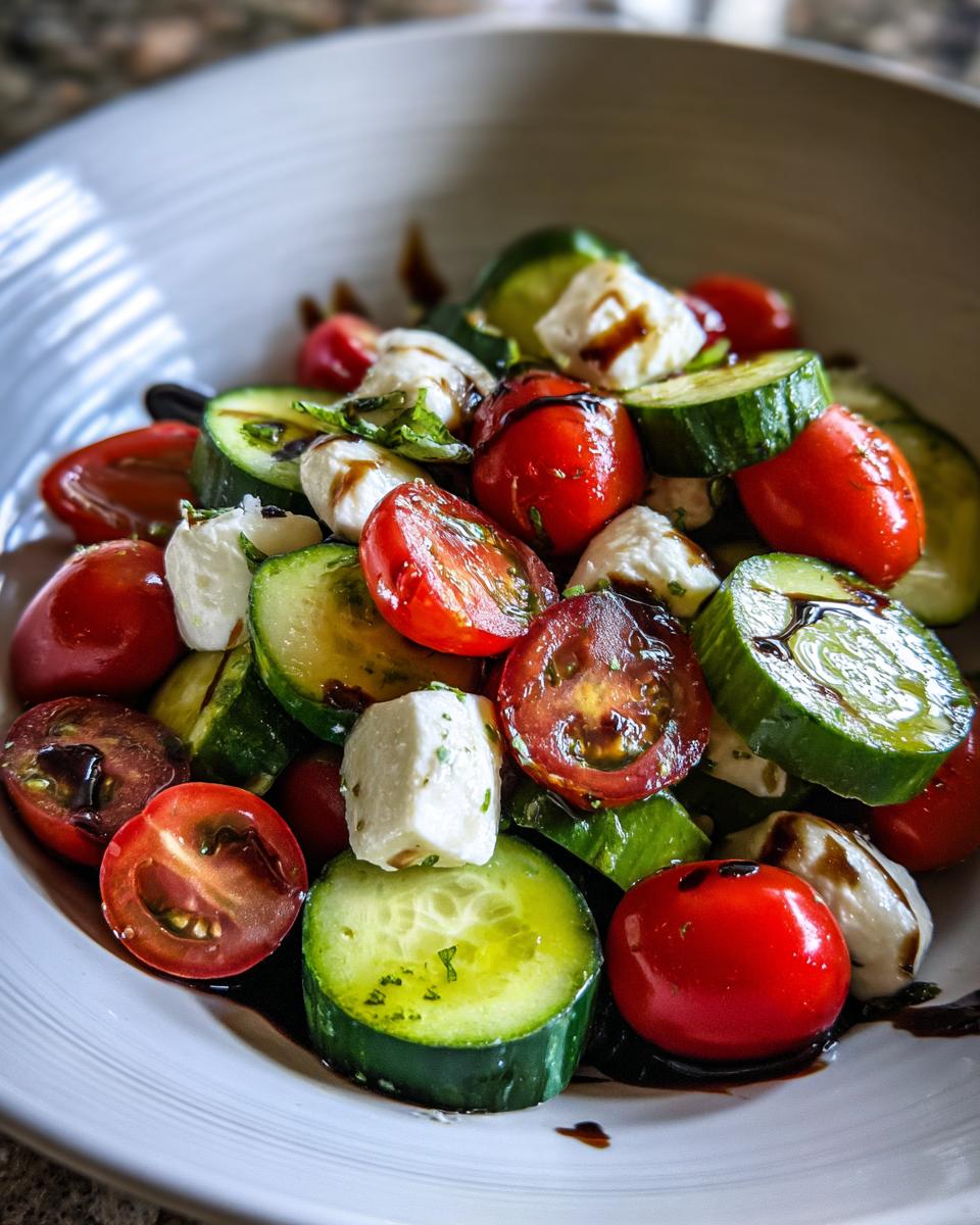 Close-up of Cucumber Caprese Salad with cucumbers, tomatoes, mozzarella, and balsamic glaze in a white bowl.