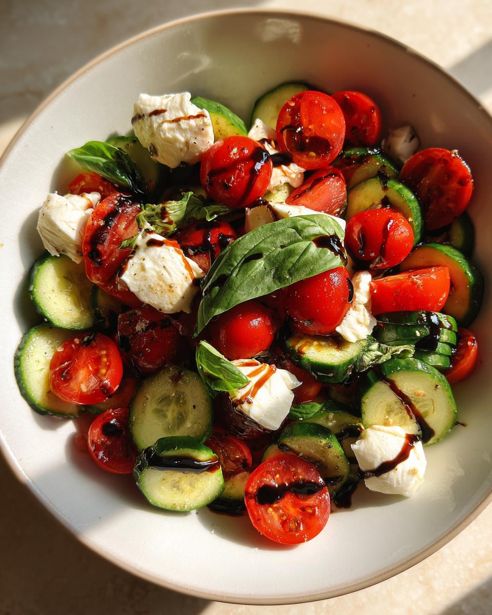 Bowl of Cucumber Caprese Salad with tomatoes, mozzarella, basil, and balsamic glaze.