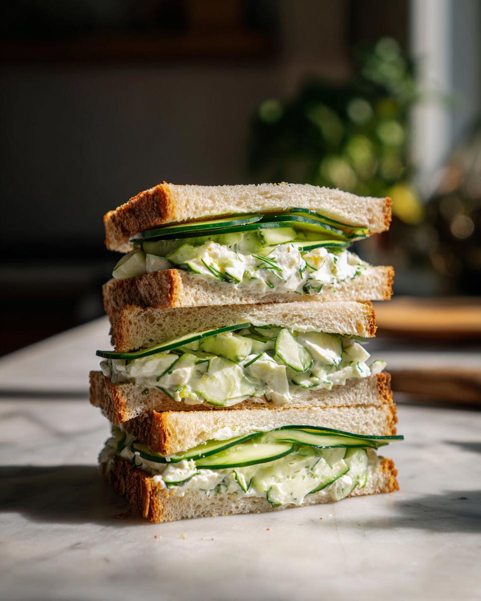 A stack of three Cucumber Salad Sandwiches on white bread, showcasing the creamy cucumber filling.