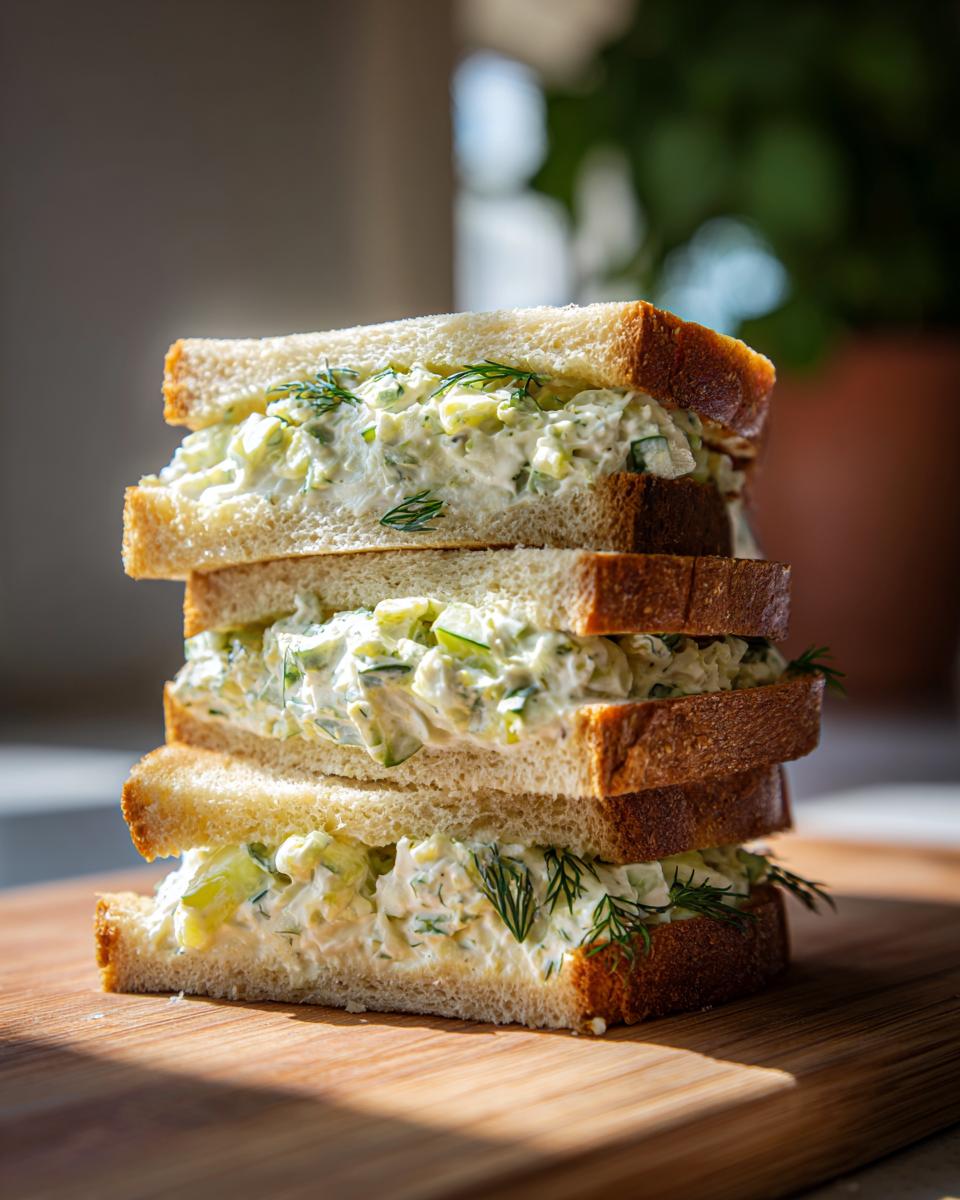 Tower of three Cucumber Salad Sandwiches with dill on a wooden board.