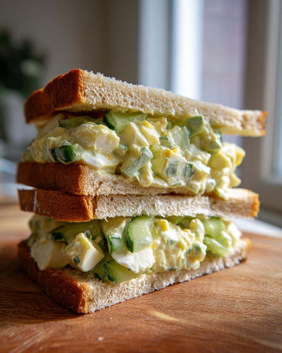 A stack of two Cucumber Salad Sandwiches on a wooden board, filled with creamy cucumber and egg salad.