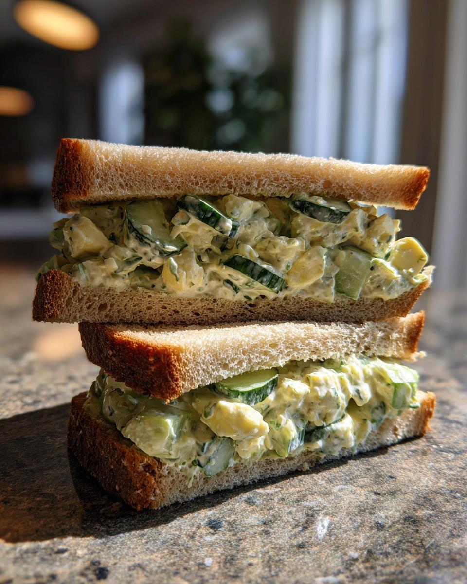Two Cucumber Salad Sandwiches stacked on top of each other, showing the creamy cucumber filling.