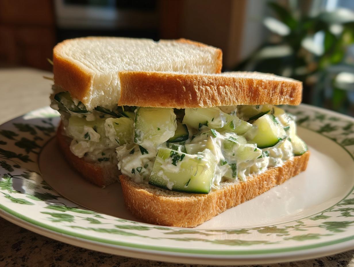 Close-up of Cucumber Salad Sandwiches on white bread, filled with creamy cucumber salad.