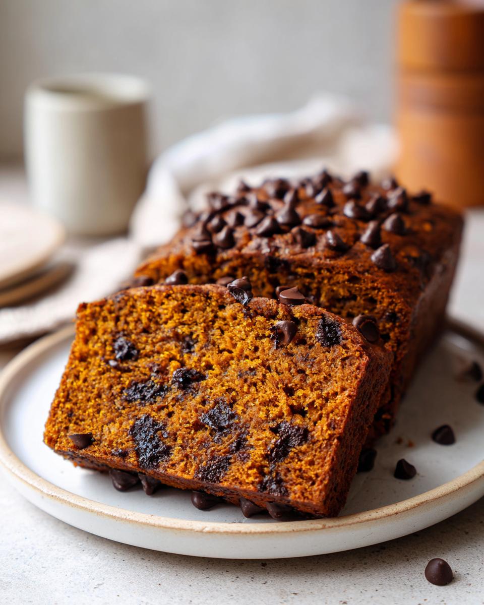 A slice of decadent pumpkin bread with chocolate chips on a plate, loaf in background.