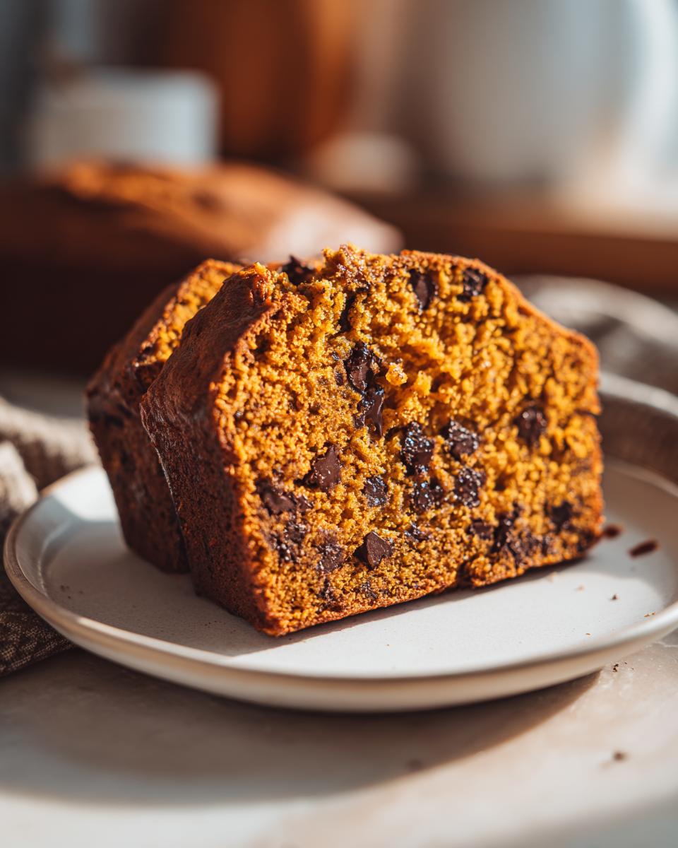 Two slices of decadent pumpkin bread with chocolate chips on a plate, showcasing the moist texture.