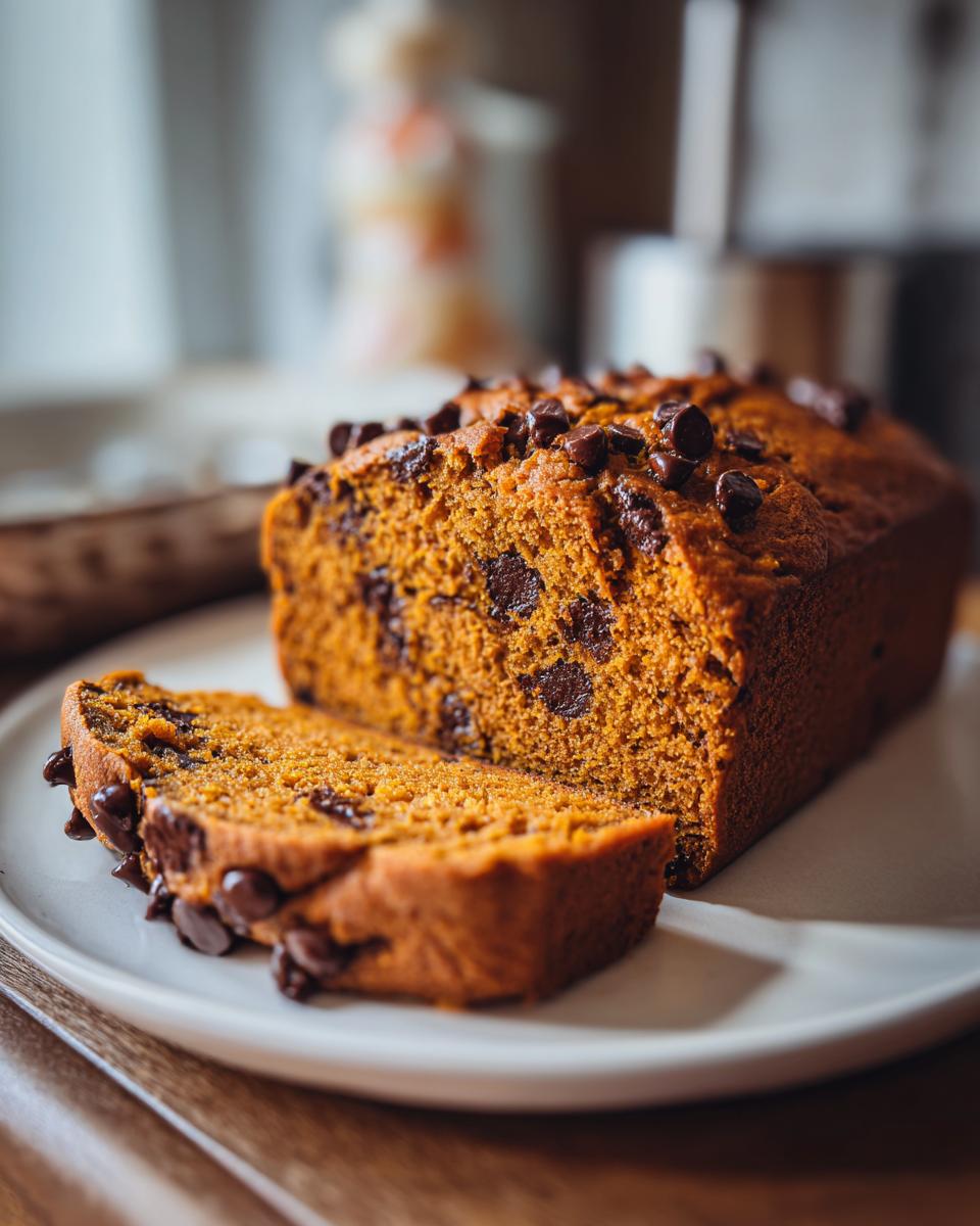 A slice of decadent pumpkin bread with chocolate chips on a white plate, ready to eat.
