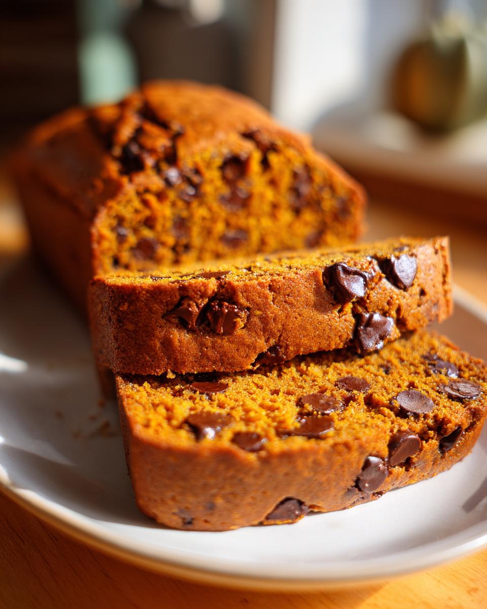 Two slices of decadent pumpkin bread with chocolate chips stacked on a plate, loaf in background.