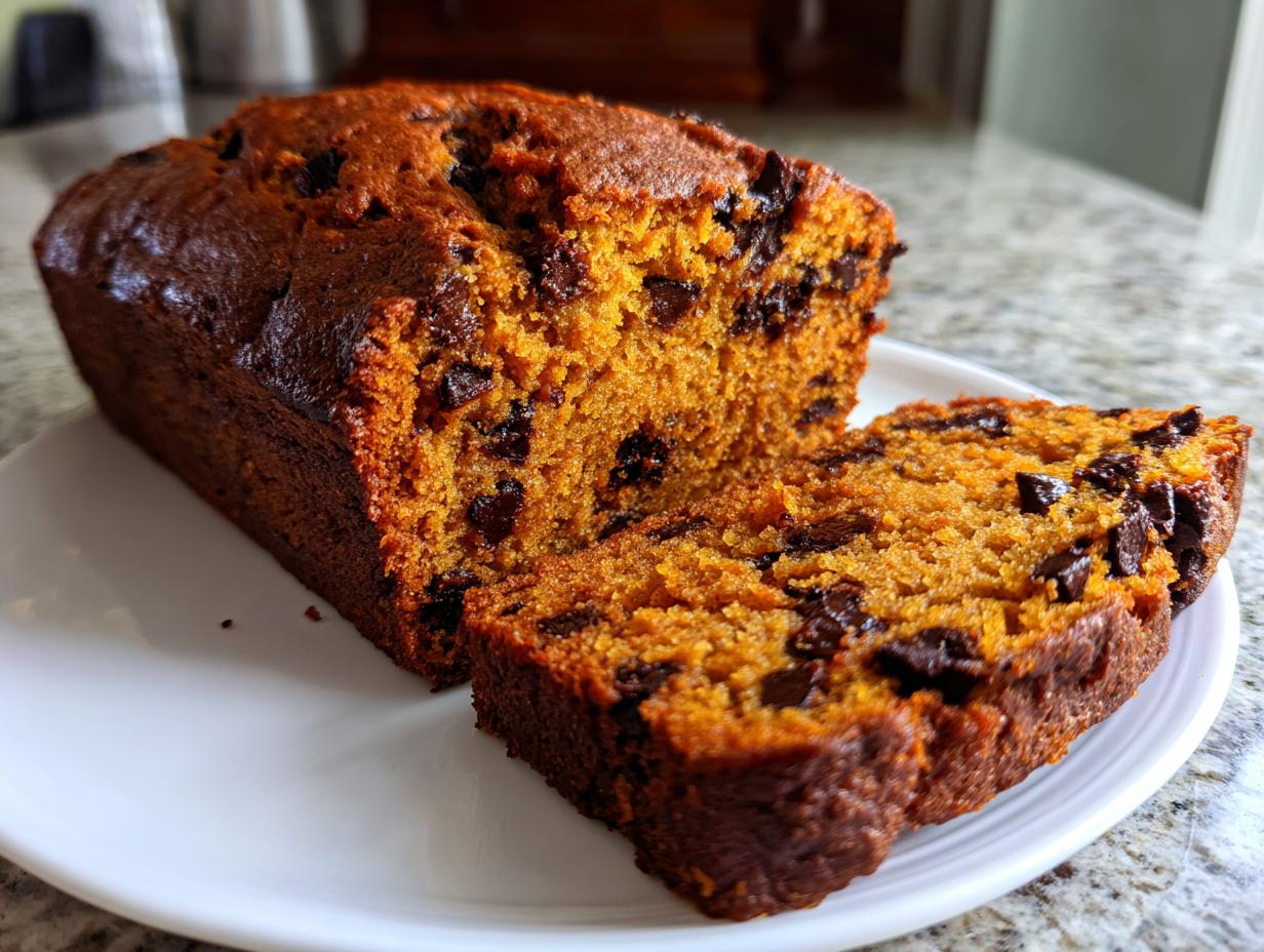 A loaf of Decadent Pumpkin Bread with Chocolate Chips, with a slice cut and displayed on a white plate.