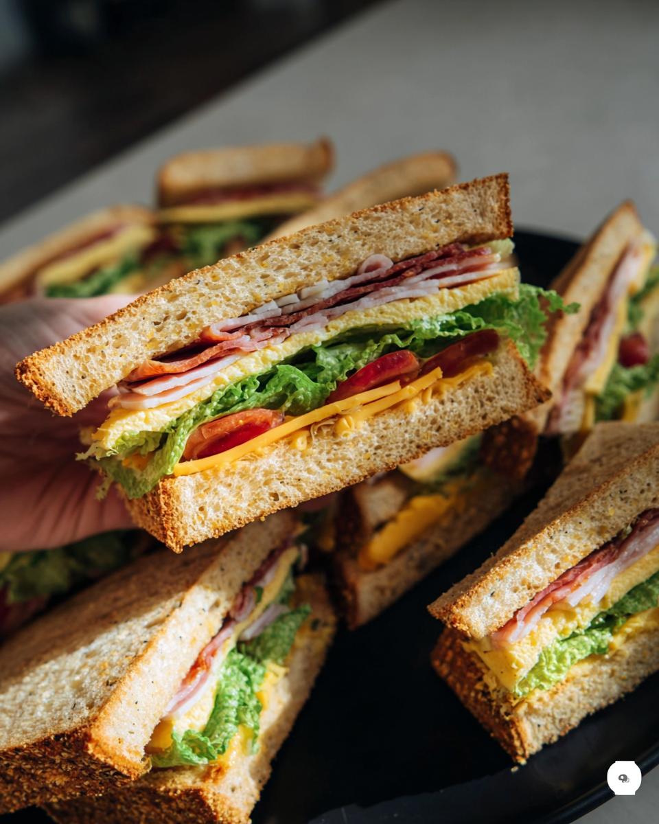 Close-up of DIY Coffin Sandwiches Halloween, featuring layers of ham, cheese, lettuce, and tomato between slices of bread.