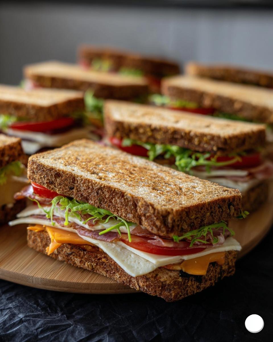 Several DIY Coffin Sandwiches Halloween style, featuring layers of meat, cheese, tomato, and lettuce on toasted bread.