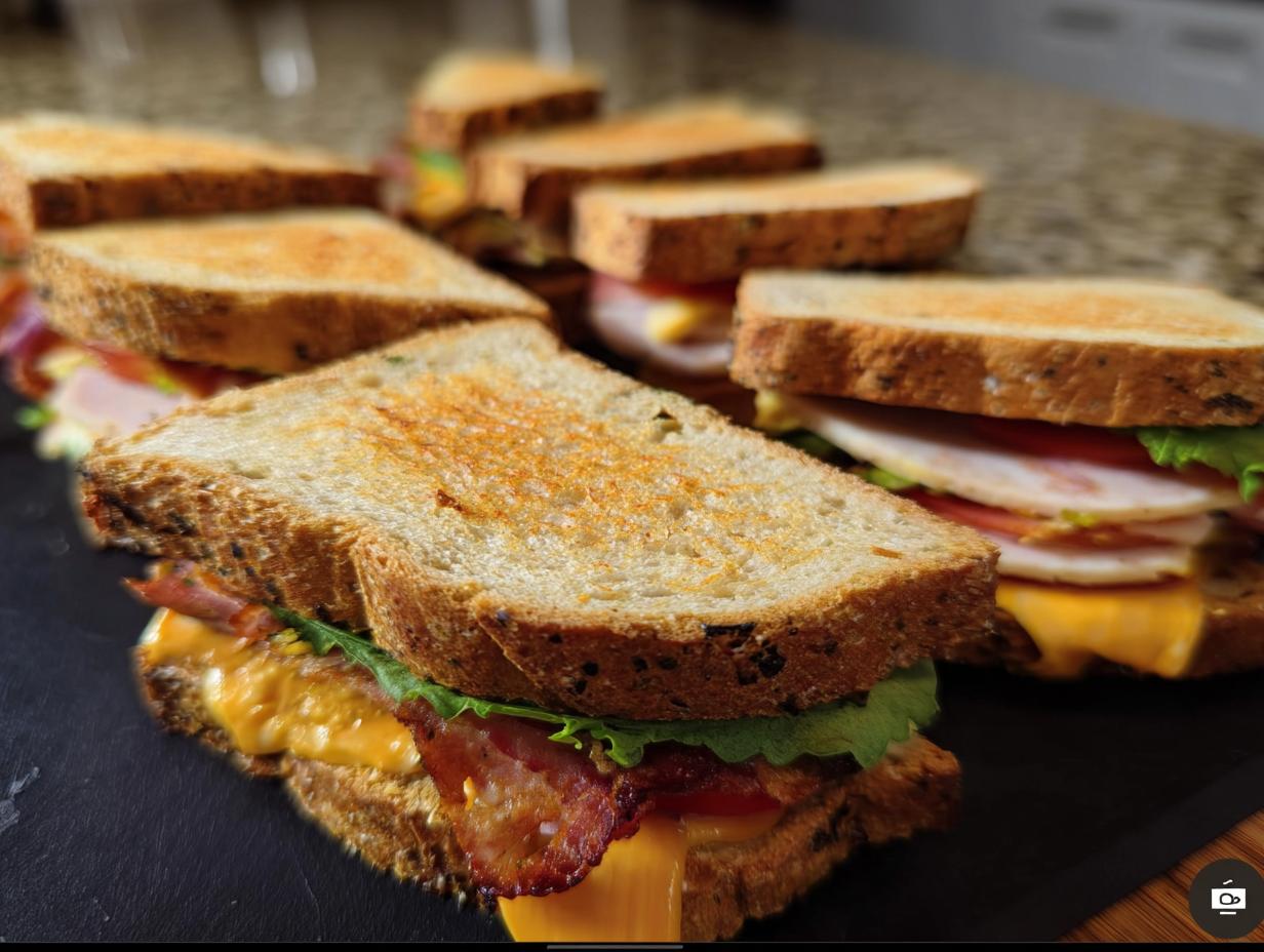 Close-up of DIY Coffin Sandwiches Halloween, featuring toasted bread, cheese, meat, lettuce, and tomato.