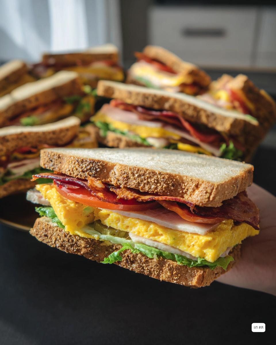 Close-up of a DIY Coffin Sandwiches Halloween, stacked with lettuce, egg, tomato, and bacon.