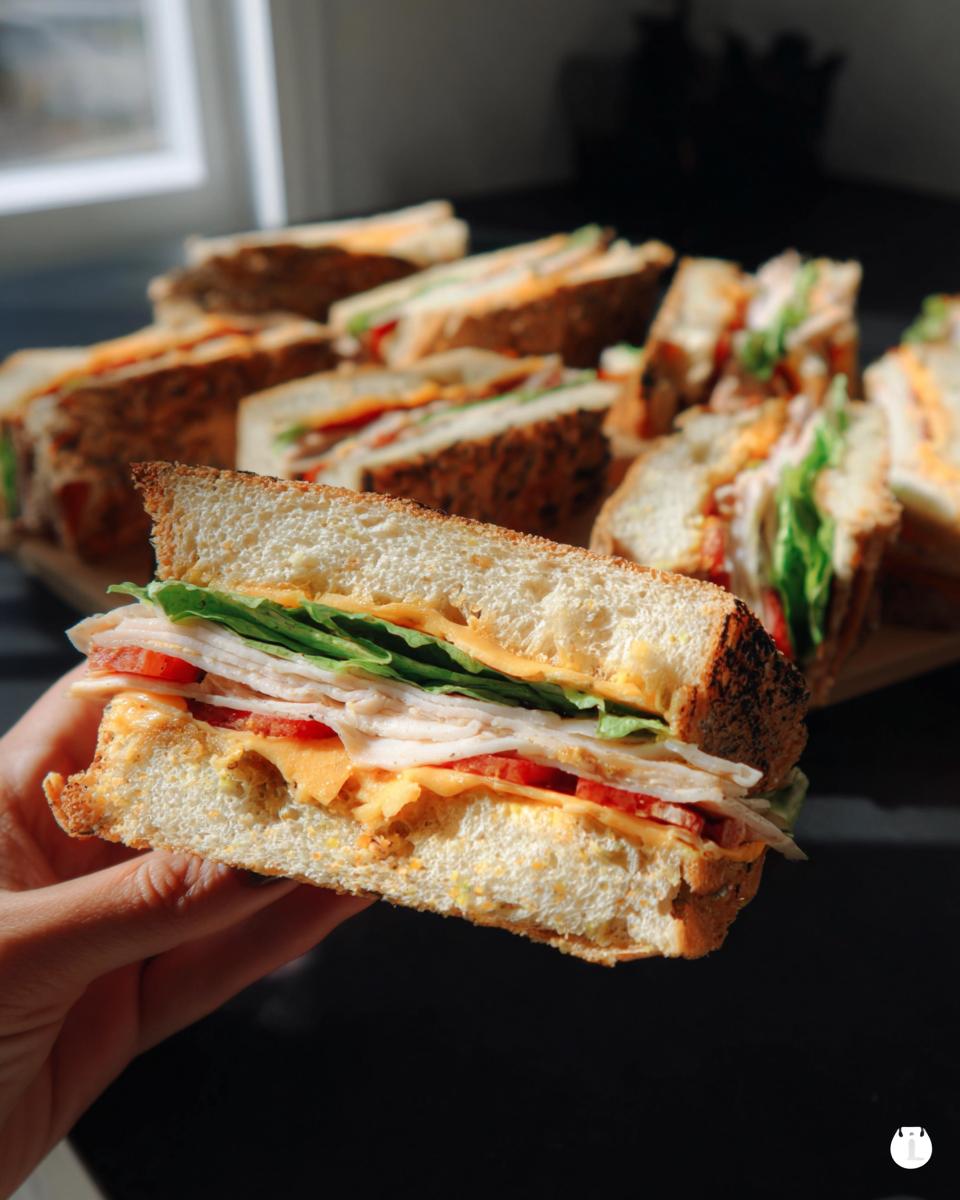 Close-up of a DIY Coffin Sandwiches Halloween, showing layers of turkey, lettuce, tomato, and cheese.