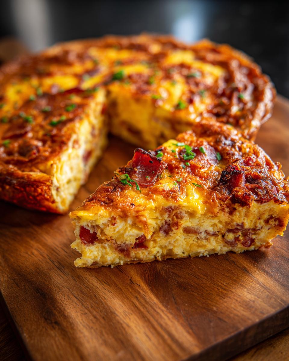A slice of Easy Breakfast Quiche with bacon, cheese, and herbs on a wooden board.