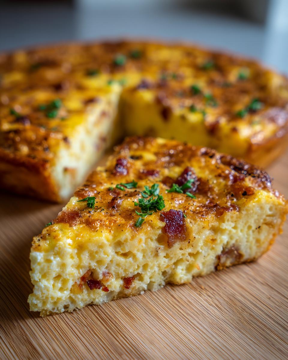 A delicious slice of Easy Breakfast Quiche with bacon and herbs, on a wooden board.